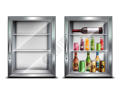 冰箱现实与两个图像小冷藏小酒吧与光泽的门矢量插图迷你吧冰箱套图片