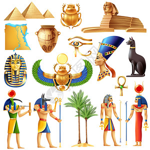埃及符号以卡通风格,古埃及神金字塔,AnkhTutanhamonNeferti眼的Horus符号矢量插图埃及符号图片