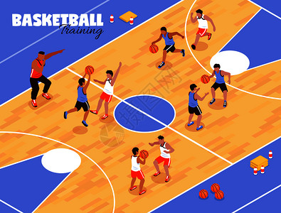 等距学校体育儿童队篮球背景构图,以篮球场玩儿童矢量插图为视角儿童篮球队背景图片