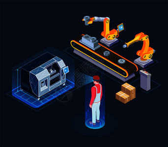 工业增强现实应用与自动化机器人生产线虚拟助理等距成黑色背景矢量插图图片