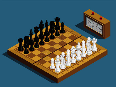 国际象棋游戏开始等距成与时钟16每白黑色棋子棋盘矢量插图图片