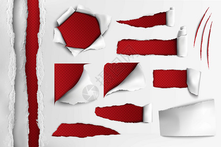 白纸上的洞,红色背景的真实矢量插图上撕裂的边缘破洞的白纸图片