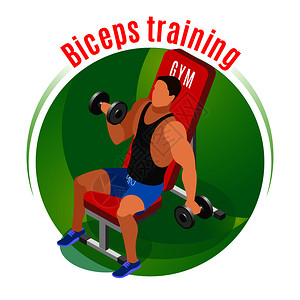 运动员哑铃运动长凳上的头肌训练绿色圆形背景等距矢量插图头肌训练等长背景图片