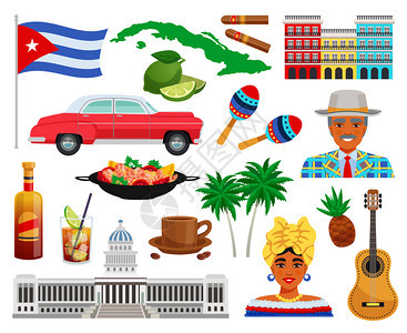 古巴旅行与景点地标符号平孤立矢量插图古巴旅行套装图片