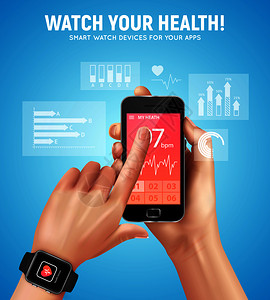 现实的智能手表健康成与观看您的健康标题人的手矢量插图现实的智能手表健康成图片