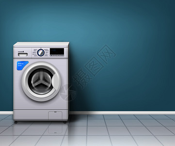 现实背景与现代洗衣机空洗衣房矢量插图真实的洗衣机背景图片
