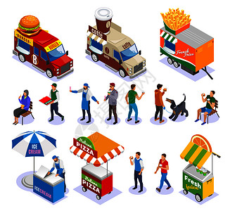 街头食品推车车辆,卖家客户等距图标孤立矢量插图街头食物等距图标图片