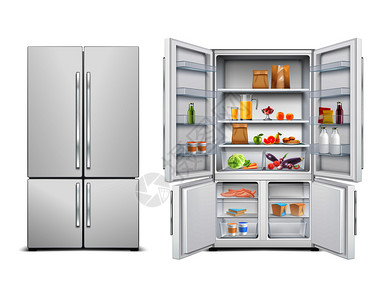 冰箱冰箱现实的套大型家庭冰箱与两扇门充满食品矢量插图家庭冰箱现实套图片