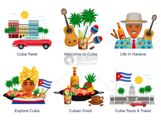 古巴旅行图标食品音乐符号平孤立矢量插图古巴旅行图标图片