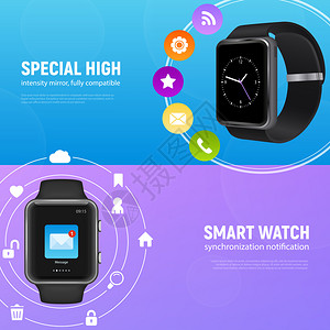两个水平现实的智能手表横幅了特殊的高智能手表描述矢量插图现实的智能手表横幅图片