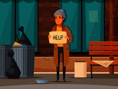 平无家可归的人卡通构图与男子乞讨街道上的秋季矢量插图图片