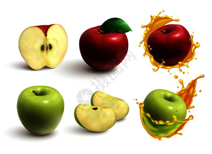 真实的整套切割多汁的红绿苹果分离白色背景矢量插图苹果很逼真图片