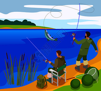 渔民河岸河流等长成分矢量图上捕鱼时用钉钩渔民等距成图片