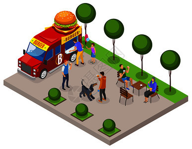 街头食品车与汉堡贸易与客户区域的饮食等距成矢量插图街头食品汉堡等距成分图片