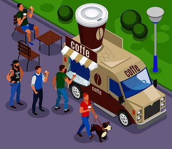 街头食品车与交易咖啡等距成与客户队列矢量插图街头食品咖啡等距成分图片