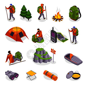 徒步旅行等距图标收集与野营装备项目的孤立图像游客矢量插图的人类特征露营者齿轮图标图片