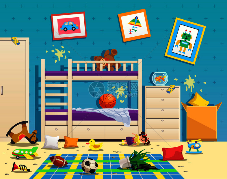 凌乱的儿童房间内部与肮脏的污渍墙上散落的玩具地板平矢量插图