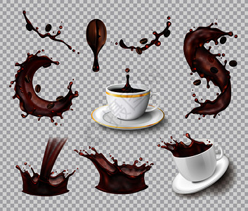 咖啡飞溅真实的套液体喷雾咖啡豆陶瓷杯透明的背景矢量插图图片