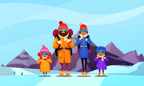 登山家庭寒假卡通海报与父亲母亲2个孩子高山背景矢量插图图片