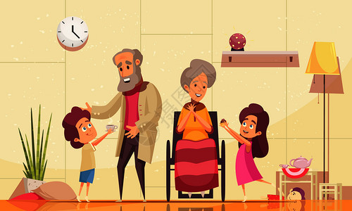 帮助老人回家的平卡通构图与孙子服务咖啡蛋糕的老祖父母矢量插图图片
