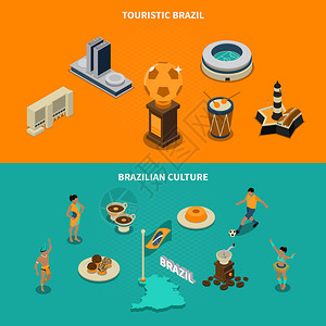旅游巴西水平等距横幅文化符号孤立矢量插图旅游巴西横幅图片