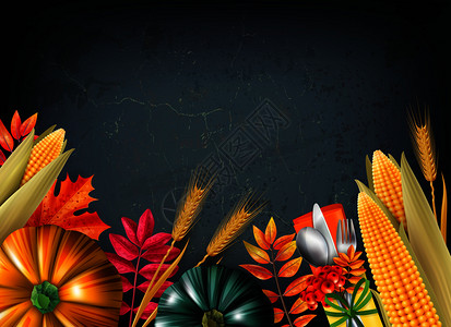 感恩节背景与彩色3D现实南瓜橙色叶子矢量插图感恩节背景图片