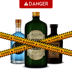 现实的危险海报与成三个老式风格的瓶子警戒线磁带与文本矢量插图危险瓶子药海报背景图片