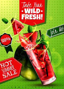 清爽排水夏季销售与新鲜西瓜薄荷叶饮料璃现实广告海报矢量插图西瓜点心写实海报图片