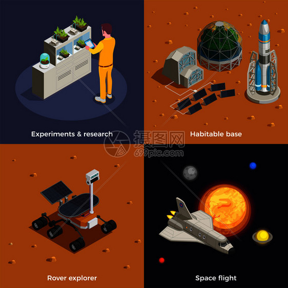 火星殖民2x2集飞行漫游者探测器研究实验宜居基地等距成矢量图图片