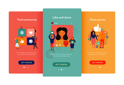 社交媒体3移动屏幕平彩色背景与寻找社区会议合作伙伴,如共享矢量插图图片