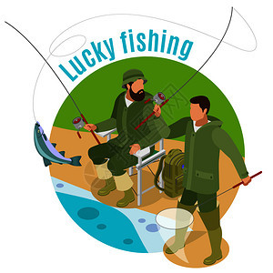 圆形背景等距矢量插图上,幸运捕鱼过程中携带棒牵引的男子幸运的捕鱼等距背景图片
