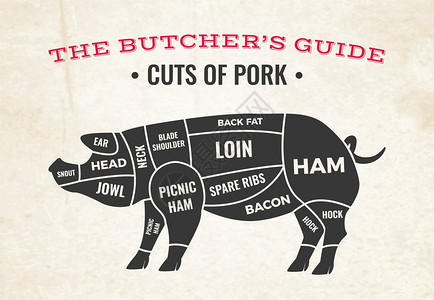 肉切图与猪的剪影猪肉的背景上的旧纸矢量插图图片