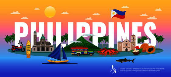 菲律宾排版构图与传统食品,各种地标动物的梯度背景水平矢量插图图片