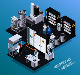 微生物学实验室等距海报与科学家防护具进行科学生化实验矢量插图图片