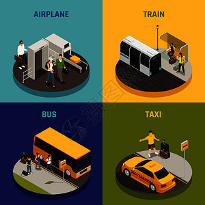 人们乘坐飞机火车公共汽车出租车等距中携带行李的孤立矢量插图图片