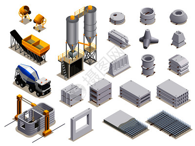 混凝土生产的等距图标与制造设备运输成品石材细节隔离矢量插图图片