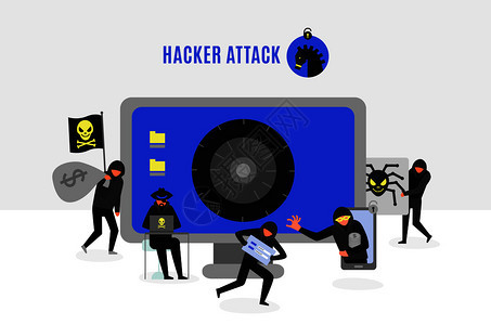 用计算机破解器攻击黑客群体成,并监控屏幕矢量图进行安全锁定图片