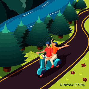 向下移动逃离繁忙的压力生活等距乡村景观背景海报与幸福夫妇摩托车矢量插图图片