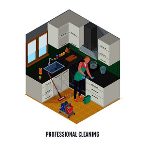 女工穿着围裙,厨房等距矢量插图的专业清洗过程中用洗涤剂设备图片
