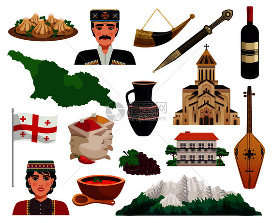 格鲁吉亚旅游平图标与标志纪念碑,地标,美食,菜肴孤立矢量插图图片