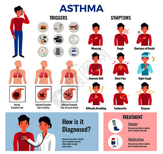 哮喘慢疾病平信息图元素收集与触发症状,导致诊断,药物治疗矢量插图图片