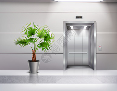 现代大厅室内与装饰盆栽风扇手掌旁边打开电梯门现实矢量插图图片
