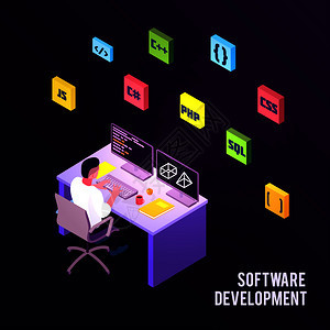 彩色等距程序员成软件开发描述人坐工作矢量插图图片