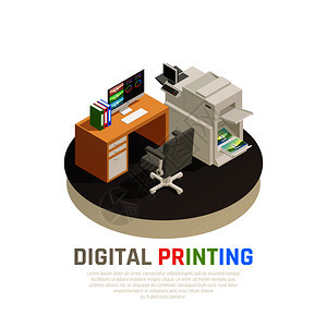 当代数字印刷厂办公软件喷墨激光屏幕设备师办公桌Rond等距构图矢量插图图片
