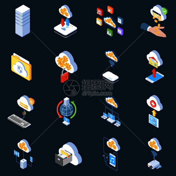 云技术等距图标的存储保护同步数据的黑暗背景孤立矢量插图图片