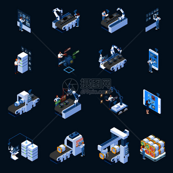 智能工业与机器人制造远程控制生产数据中心等距图标隔离矢量插图图片