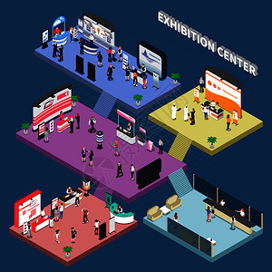 多层展览中心与企业广告站游客等距构成的蓝色背景矢量插图图片