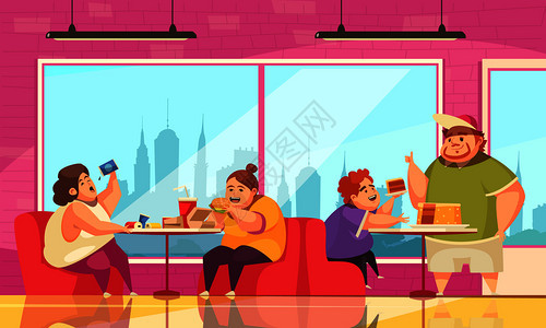 暴食咖啡馆背景与人们暴饮暴食符号平矢量插图图片
