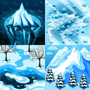 冬季园林绿化等距与冰山冻结融化湖泊雪山孤立矢量插图图片
