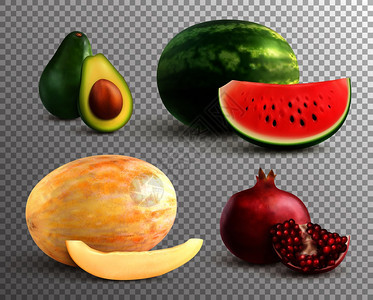 透明背景矢量图上分离出成熟甜瓜西瓜鳄梨石榴的逼真水果现实的水果套装图片